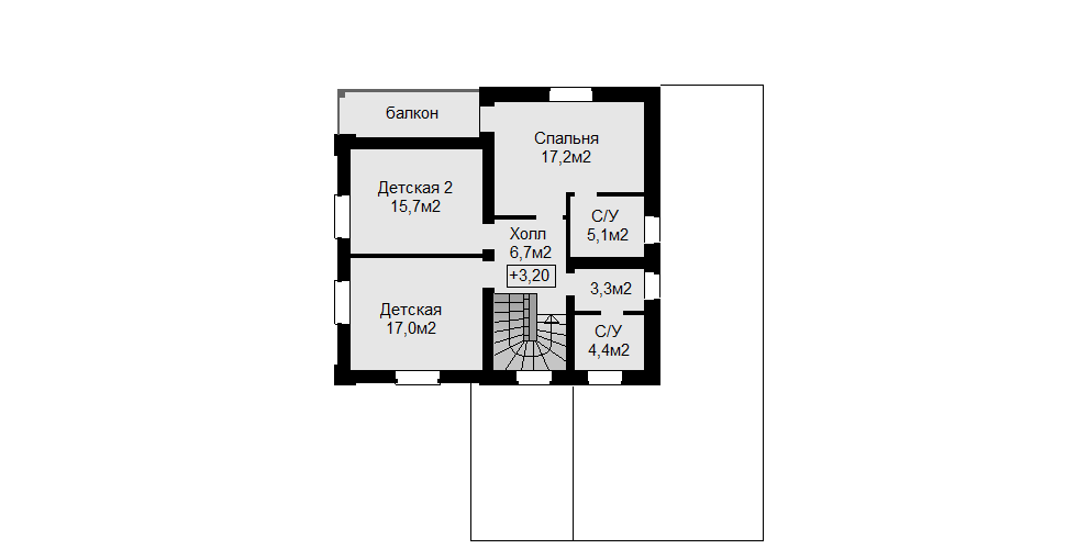 План второго этажа с двумя санузлами - душем и ванной