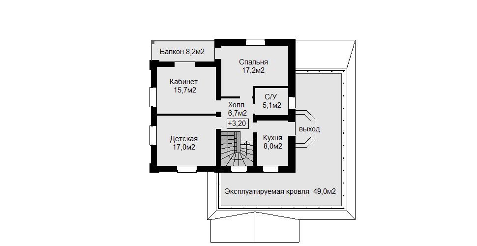 План второго этажа с кухней и эксплуатируемой кровлей