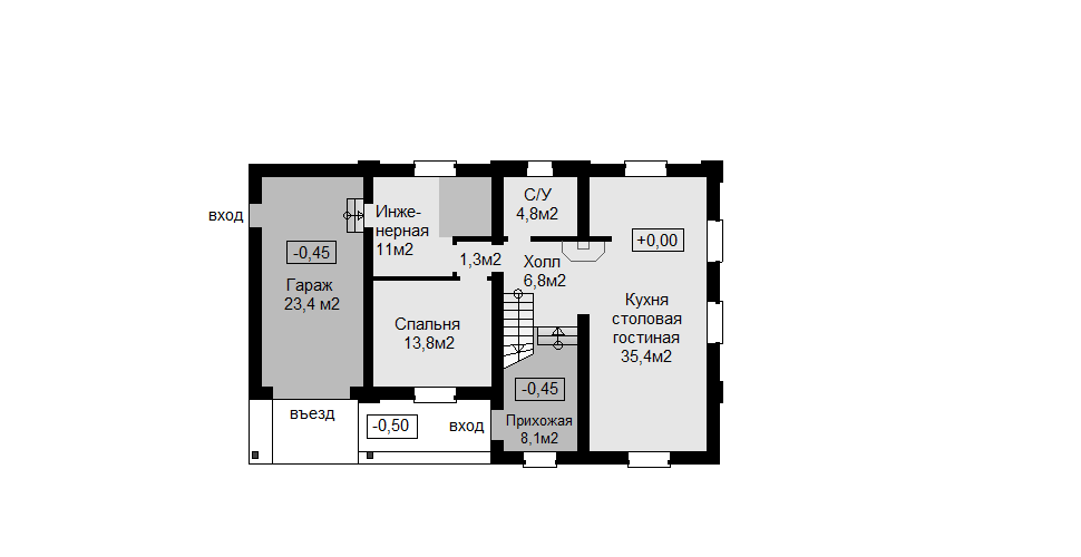 План первого этажа с увеличенной инженерной комнатой