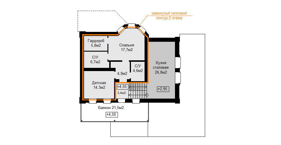 План второго этажа с увеличенной спальней и дополнительной кухней