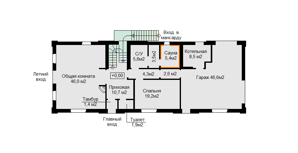 План этажа с общей комнатой и сауной