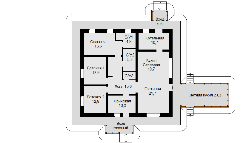 План этажа с душевой в детском санузле и дровяной котельной